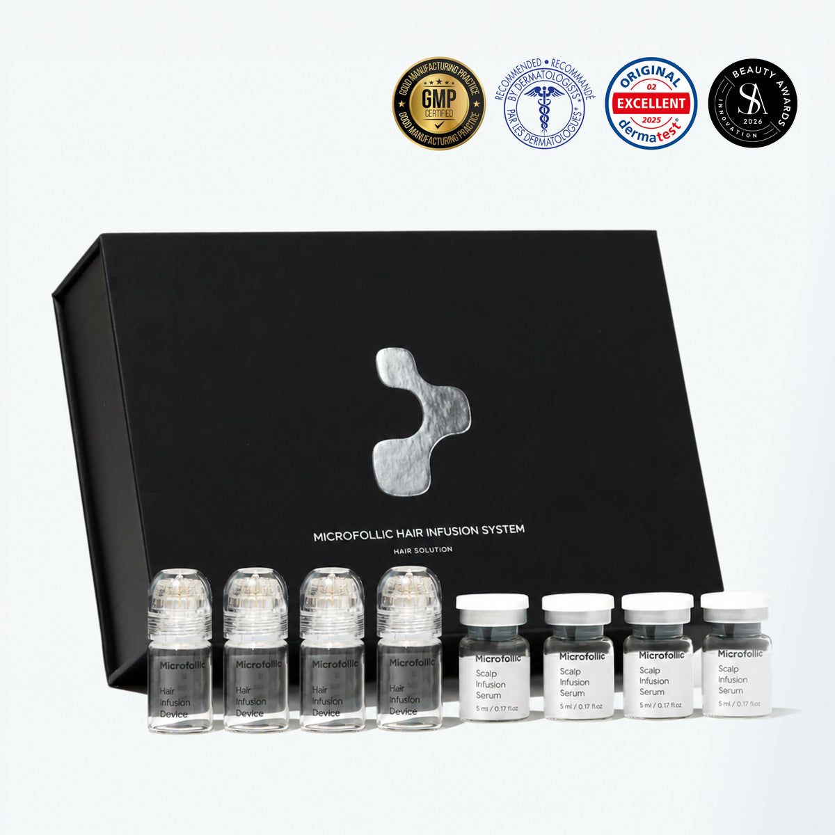 Microfollic Hair Infusion System, a hair micro infusion kit: box with four micro infusion devices and four scalp serum vials, with dermatologist recommended, GMP and Dermatest badges